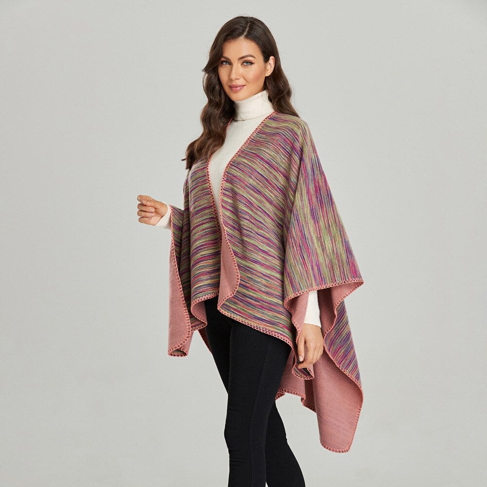 Poncho Femme à Capuche Avec Rayures Et Franges - Chaud Et Élégant - Taille Unique S-L